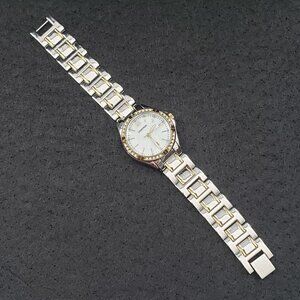 Armitron Womens Silver-Tone Watch Gold Crystal Accents Mother Pearl Dial Working
